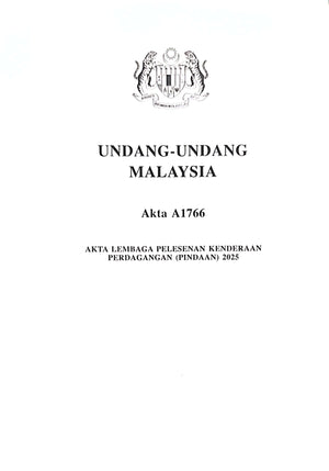 AKTA LEMBAGA PERLESENAN KENDERAAN PERDGANGAN (PIN) 2025 (A1766)